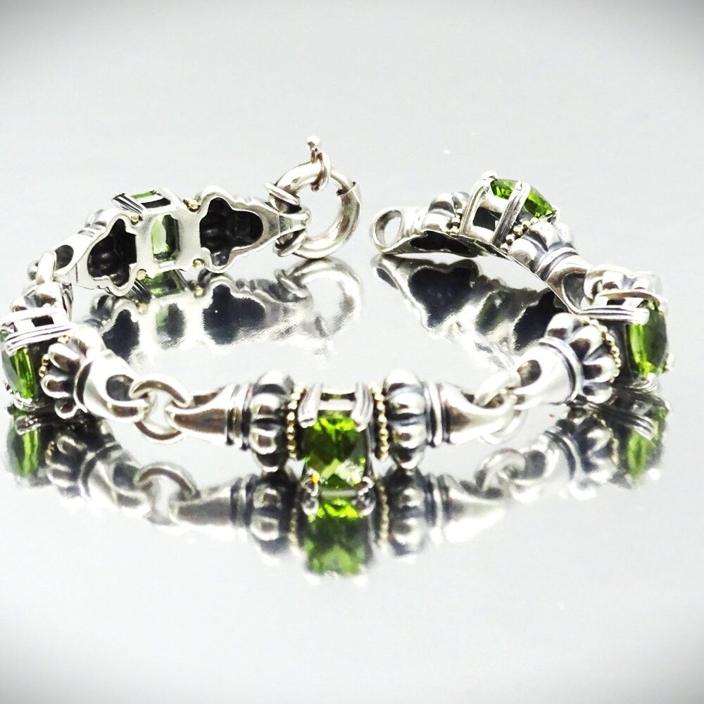 LAGOS Caviar Sterling Silver 18K Yellow Gold Faceted Green Peridot Link Bracelet